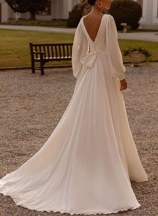 Ivory Deep V-Neck A-Line Wedding Dress with Long Sleeves Back View