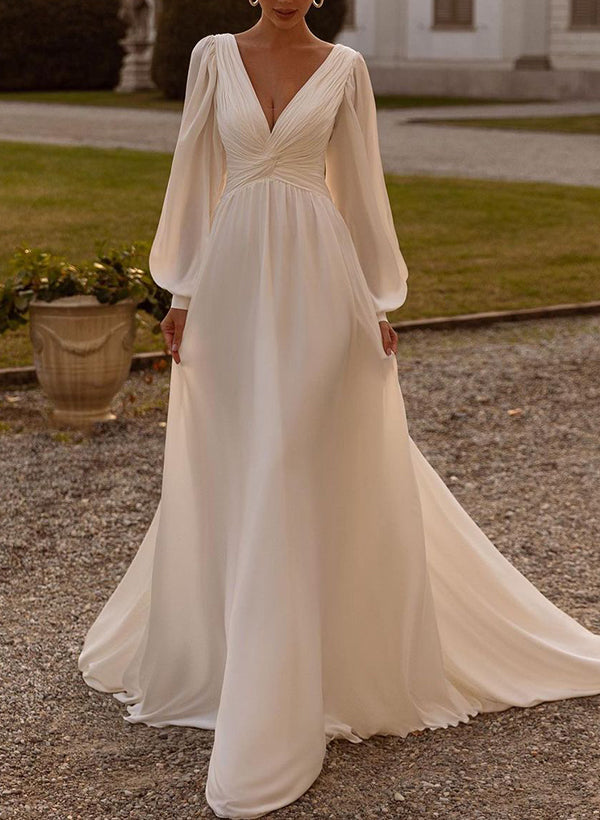 Ivory Deep V-Neck A-Line Wedding Dress with Long Sleeves
