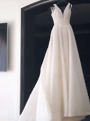 Ivory Deep V-Neck Ball Gown Chapel Train Wedding Dress with Long Sleeves