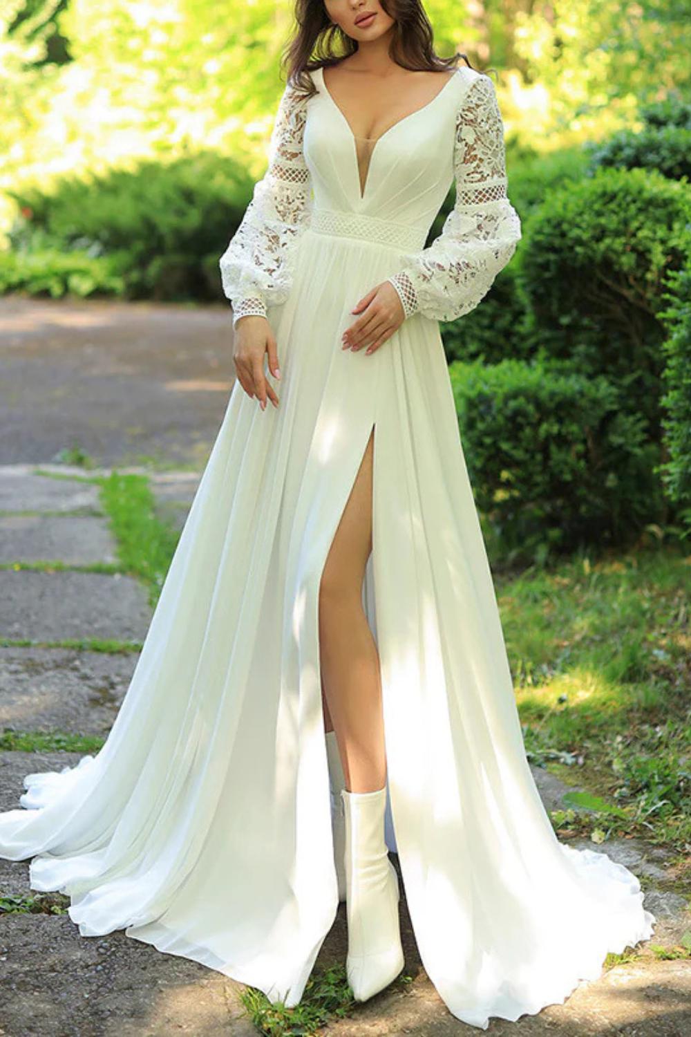 Ivory Deep V-Neck Chiffon A-Line Sweep Train Wedding Dress with Lace Appliques, Long Sleeves and Slit