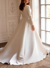 Ivory Deep V-Neck Satin A-Line Sweep Train Wedding Dress with Lace Appliques and Long Sleeves Back View