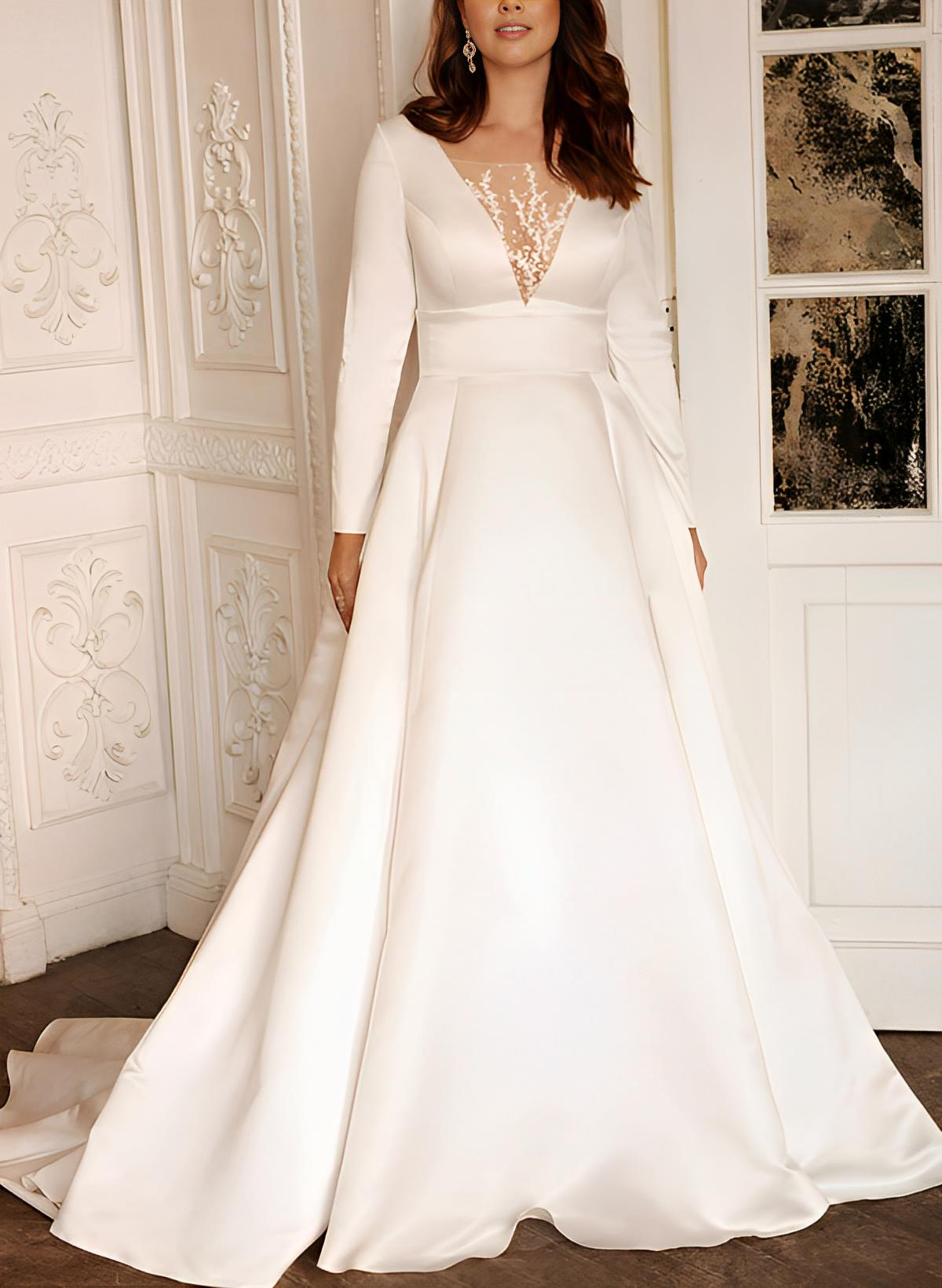 Ivory Deep V-Neck Satin A-Line Sweep Train Wedding Dress with Lace Appliques and Long Sleeves