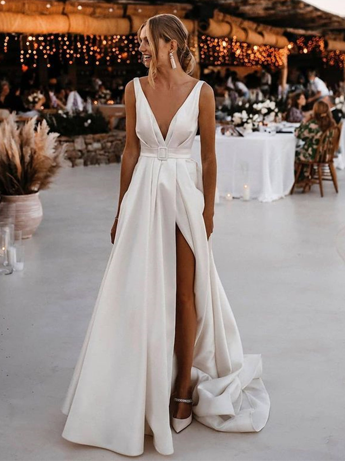 Ivory Deep V-Neck Satin A-Line Sweep Train Wedding Dress with Slit and Pockets