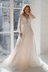 Ivory Deep V-Neck Sequin A-Line Sweep Train Wedding Dress with Long Sleeves