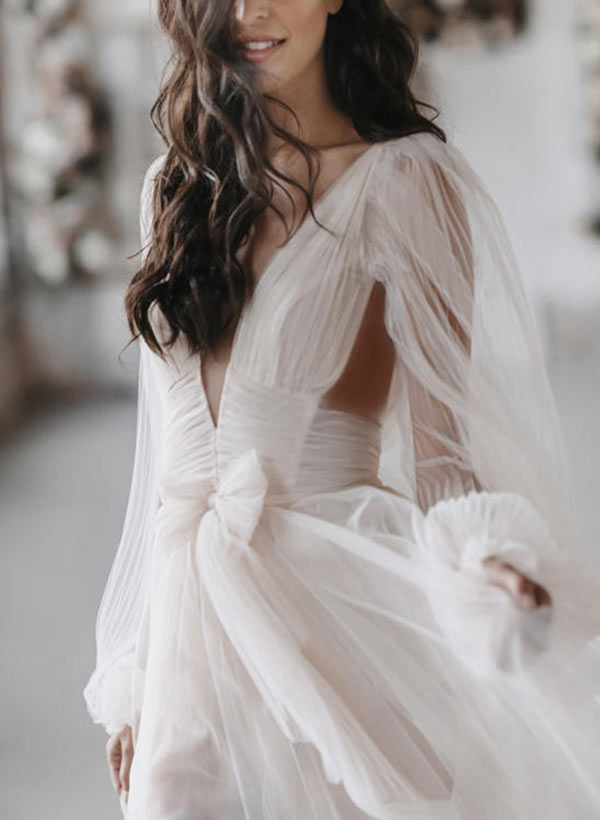Ivory Deep V-Neck Tulle A-Line Wedding Dress with Long Sleeves Bodice Detail