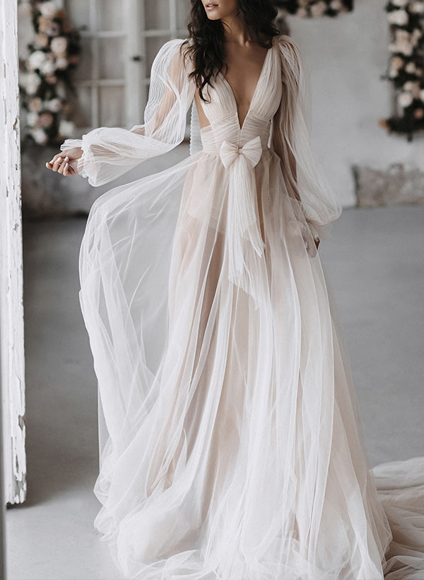 Ivory Deep V-Neck Tulle A-Line Wedding Dress with Long Sleeves