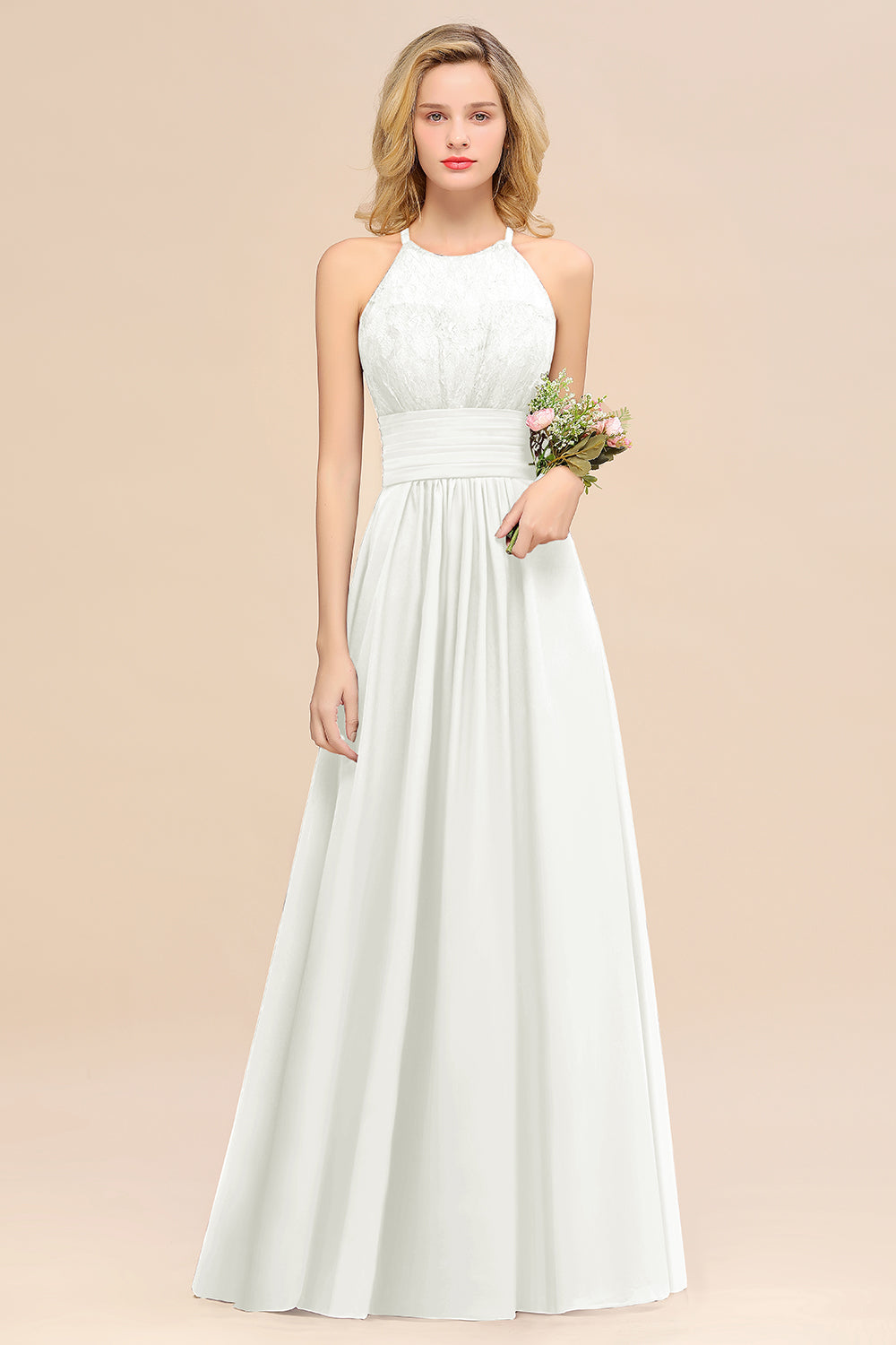 Ivory Halter Chiffon A-Line Long Bridesmaid Dress