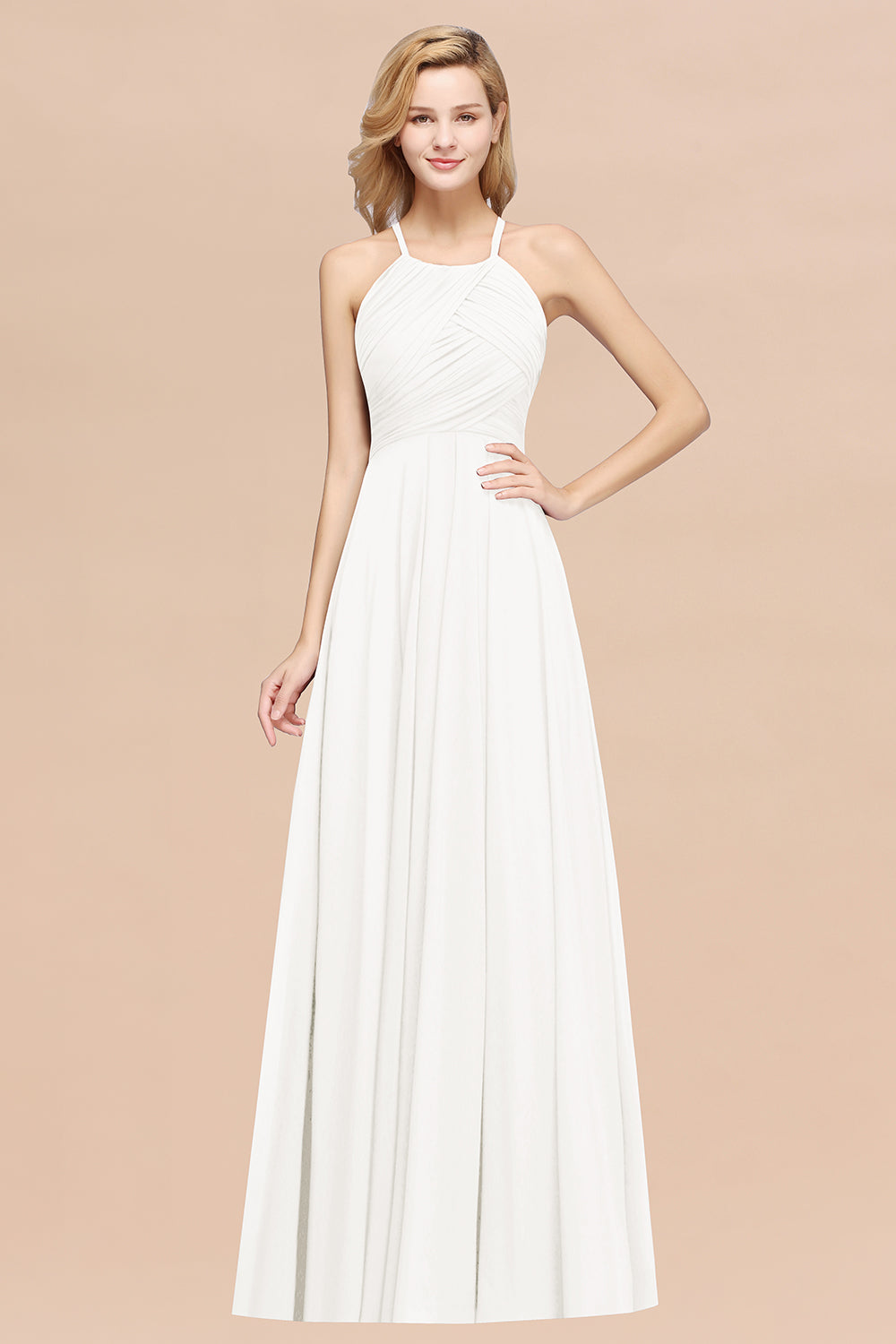 Ivory Halter Chiffon A-Line Long Bridesmaid Dress with Ruching