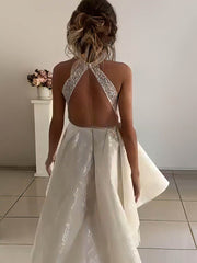 Ivory High Neck Lace A-Line Sweep Train Wedding Dress Back View