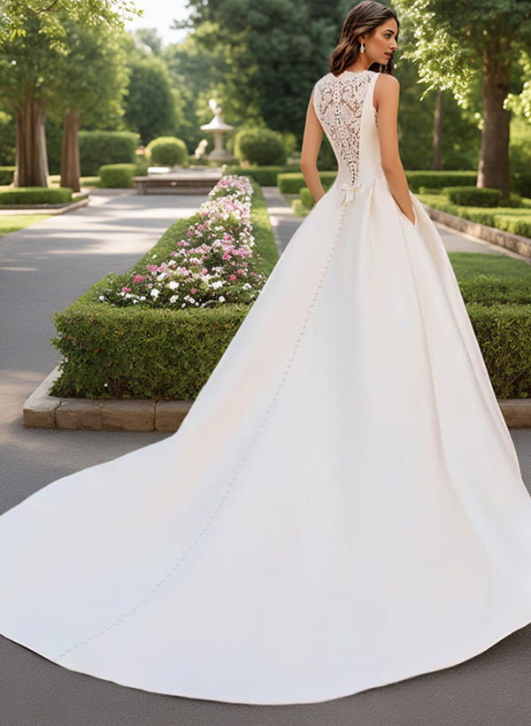 Ivory High Neck Satin A-Line Chapel Train Wedding Dress with Lace Appliques Back View
