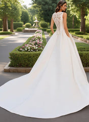 Ivory High Neck Satin A-Line Chapel Train Wedding Dress with Lace Appliques Back View