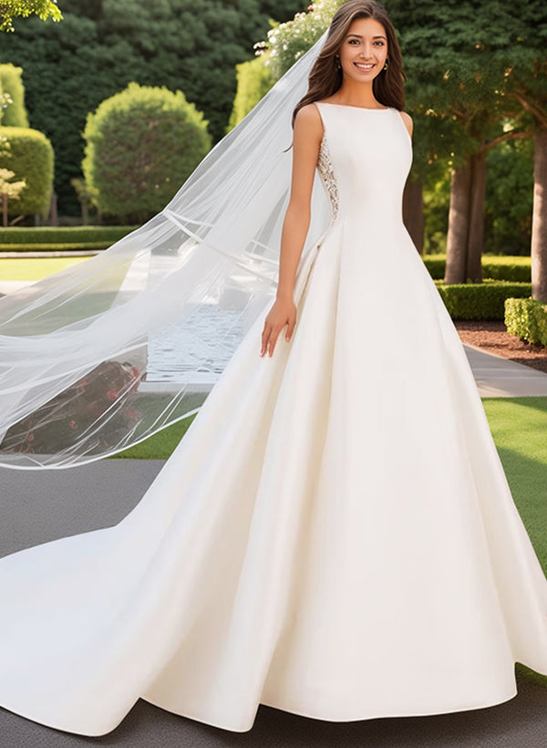 Ivory High Neck Satin A-Line Chapel Train Wedding Dress with Lace Appliques