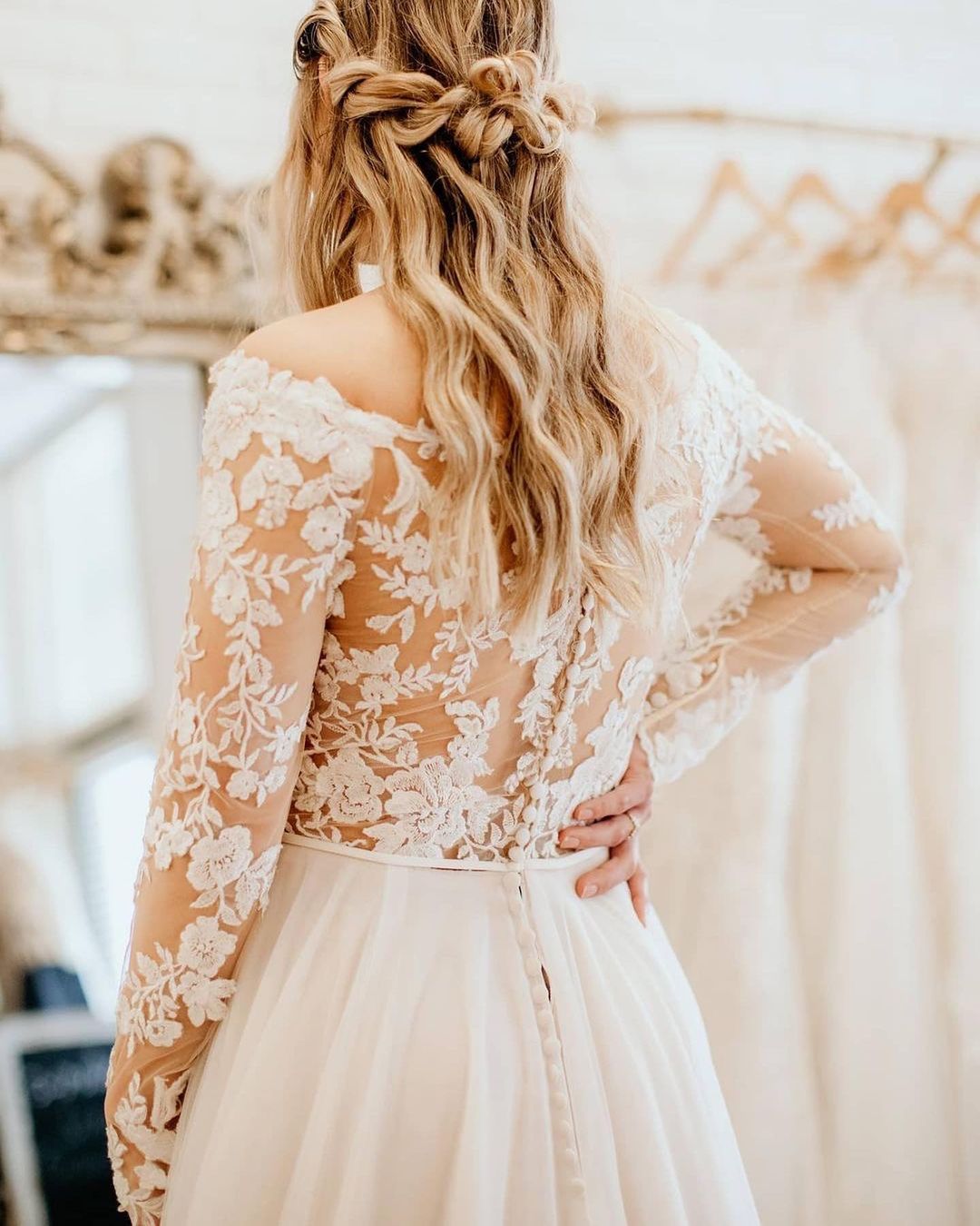 Ivory Off The Shoulder A-Line Wedding Dress with Lace Appliques and Long Sleeves Back Detail