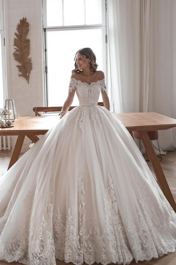 Ivory Off The Shoulder Ball Gown Wedding Dress with Lace Appliques and Long Sleeves