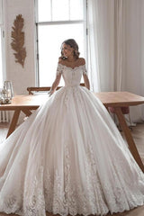Ivory Off The Shoulder Ball Gown Wedding Dress with Lace Appliques and Long Sleeves