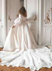 Ivory Off The Shoulder Organza A-Line Chapel Train Wedding Dress with Long Sleeves and Slit Back View