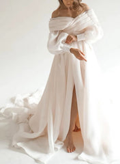 Ivory Off The Shoulder Organza A-Line Chapel Train Wedding Dress with Long Sleeves and Slit