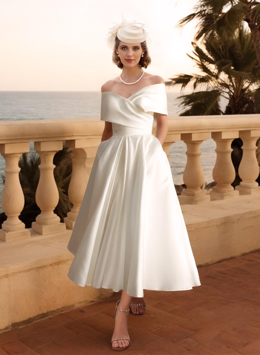 Ivory Off The Shoulder Satin A-Line Wedding Dress with Pockets