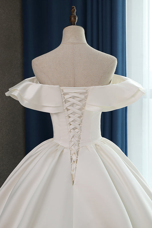 Ivory Off The Shoulder Satin Ball Gown Wedding Dress Back Detail