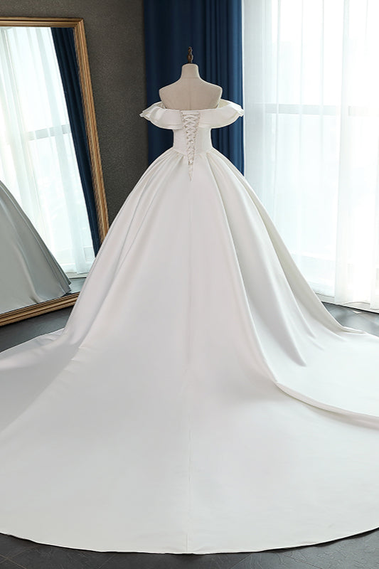 Ivory Off The Shoulder Satin Ball Gown Wedding Dress Back View