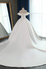 Ivory Off The Shoulder Satin Ball Gown Wedding Dress Back View