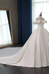 Ivory Off The Shoulder Satin Ball Gown Wedding Dress Side View