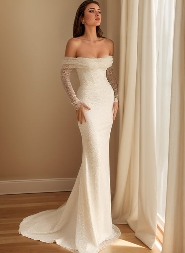 Ivory Off The Shoulder Sequin Sheath Sweep Train Wedding Dress with Long Sleeves