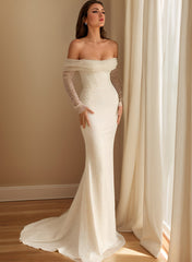 Ivory Off The Shoulder Sequin Sheath Sweep Train Wedding Dress with Long Sleeves