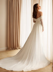 Ivory Off The Shoulder Sequin Sheath Sweep Train Wedding Dress with Long Sleeves Back View