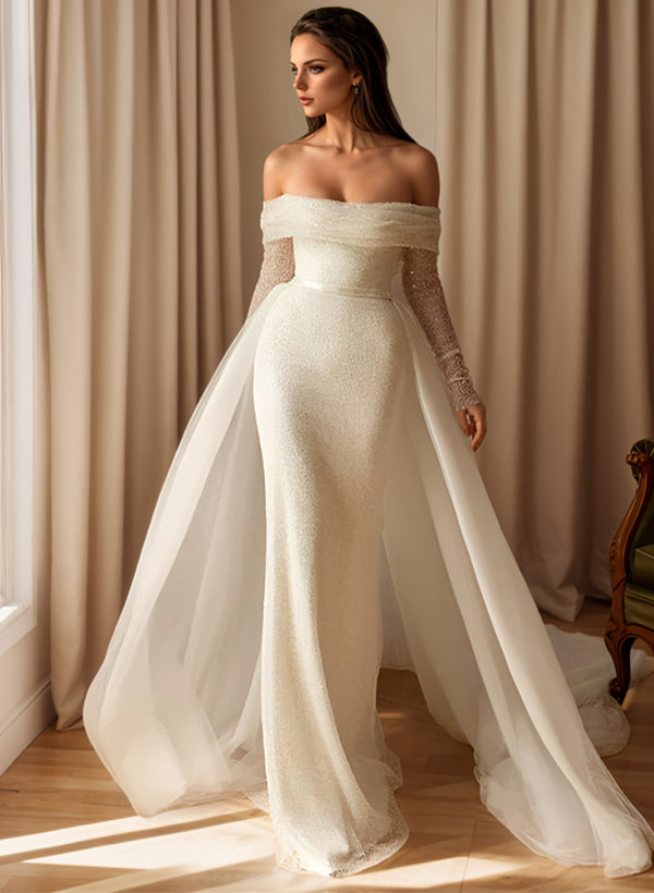 Ivory Off The Shoulder Sequin Sheath Sweep Train Wedding Dress with Long Sleeves