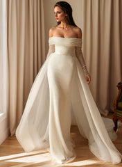 Ivory Off The Shoulder Sequin Sheath Sweep Train Wedding Dress with Long Sleeves