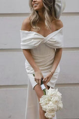 Ivory Off The Shoulder Sheath Wedding Dress with Slit