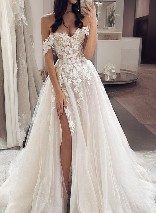 Ivory Off The Shoulder Tulle A-Line Wedding Dress with Lace Appliques and Slit