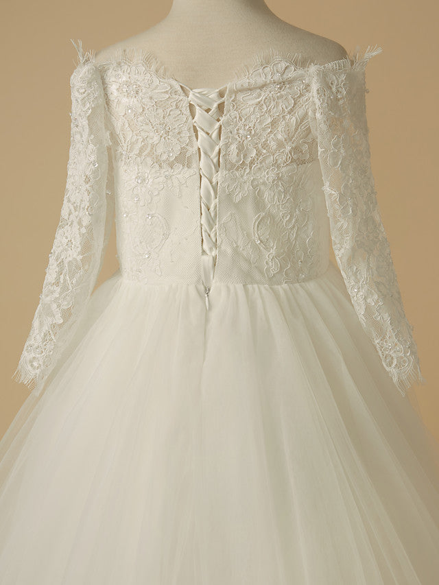 Ivory Off The Shoulder Tulle Ball Gown Flower Girl Dress with Long Sleeves Back Detail