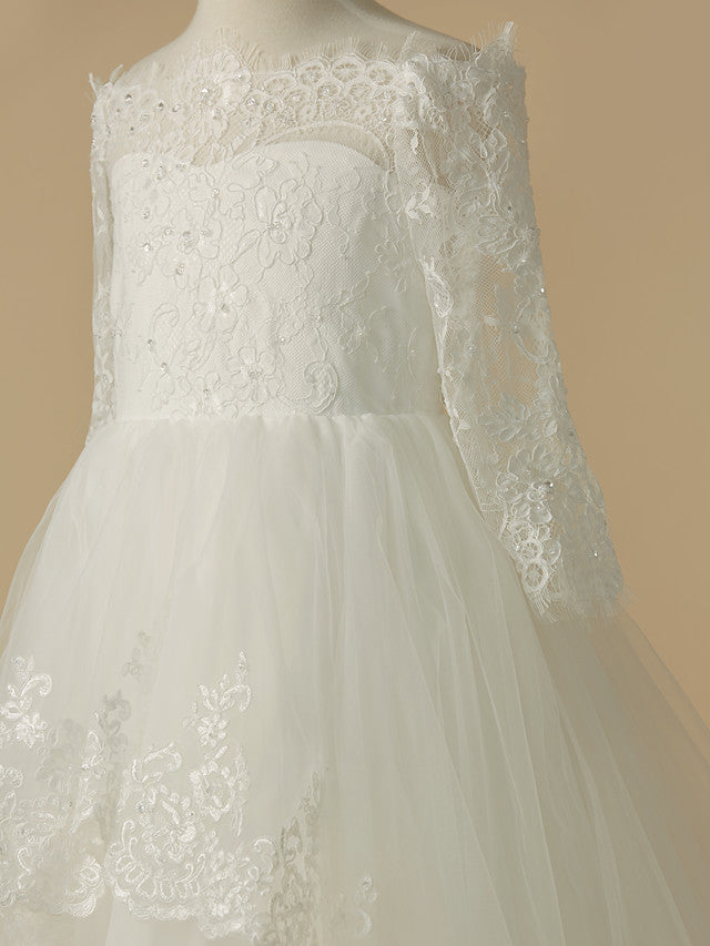 Ivory Off The Shoulder Tulle Ball Gown Flower Girl Dress with Long Sleeves Bodice Detail