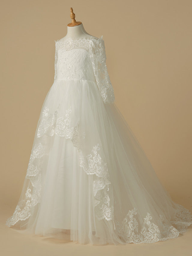 Ivory Off The Shoulder Tulle Ball Gown Flower Girl Dress with Long Sleeves Side View