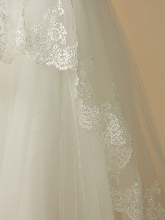 Ivory Off The Shoulder Tulle Ball Gown Flower Girl Dress with Long Sleeves Skirt Detail