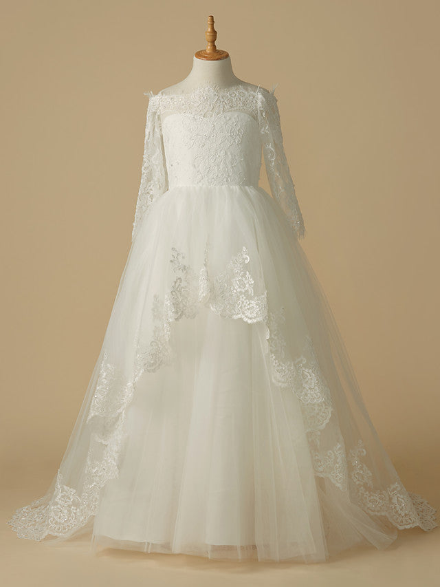 Ivory Off The Shoulder Tulle Ball Gown Flower Girl Dress with Long Sleeves