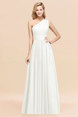 Ivory One Shoulder Chiffon A-Line Long Bridesmaid Dress