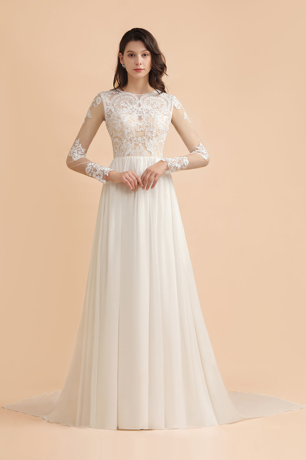 Ivory Scoop Neck A-Line Wedding Dress with Lace Appliques and Long Sleeves