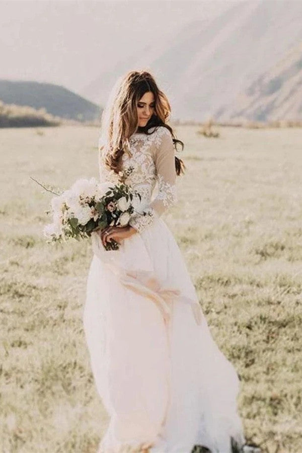 Ivory Scoop Neck A-Line Wedding Dress with Lace Appliques and Long Sleeves