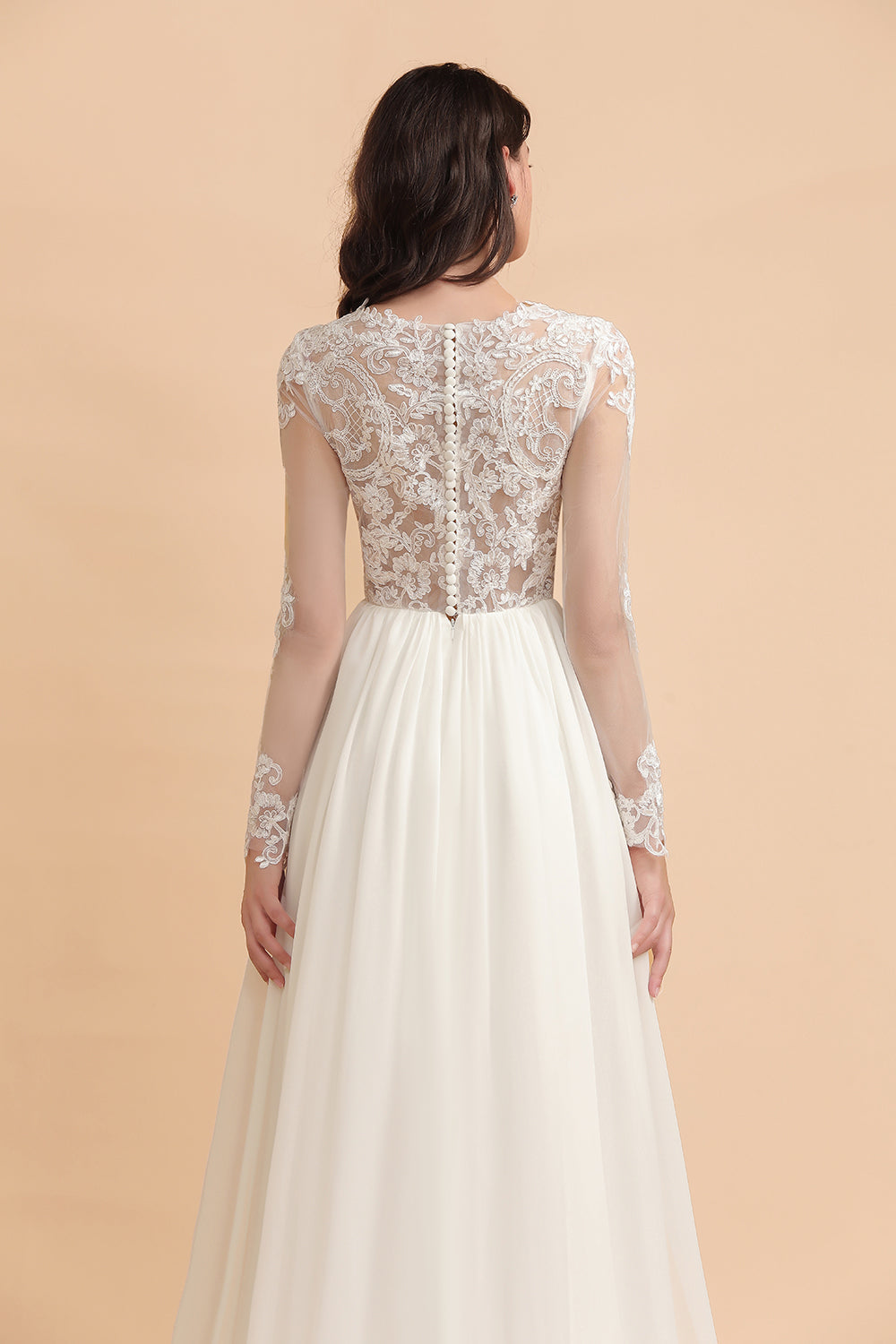 Ivory Scoop Neck A-Line Wedding Dress with Lace Appliques and Long Sleeves Back Detail