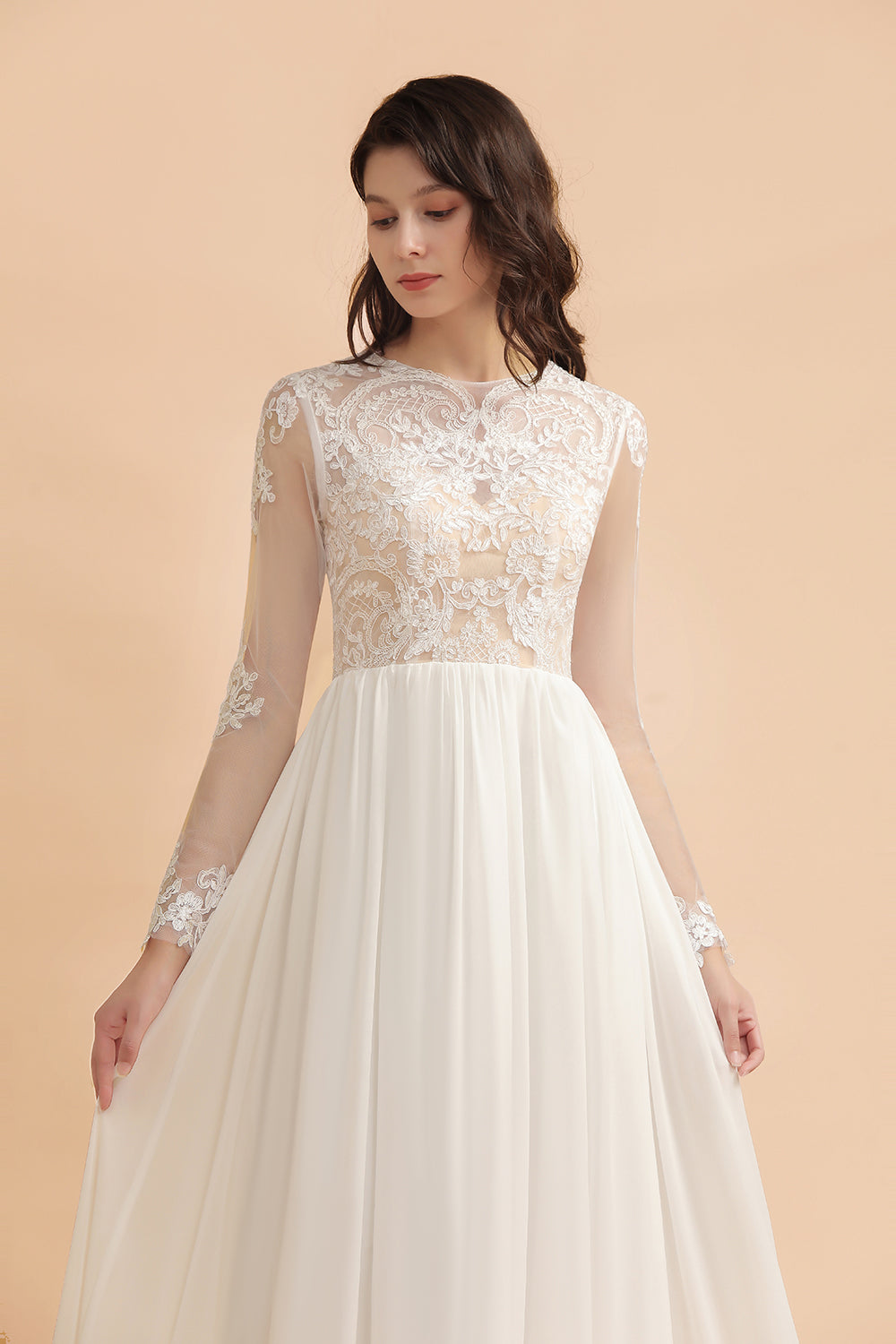 Ivory Scoop Neck A-Line Wedding Dress with Lace Appliques and Long Sleeves Bodice Detail