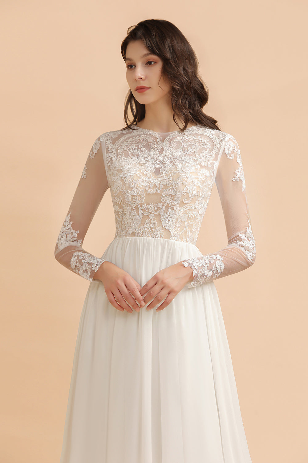 Ivory Scoop Neck A-Line Wedding Dress with Lace Appliques and Long Sleeves Bodice Detail