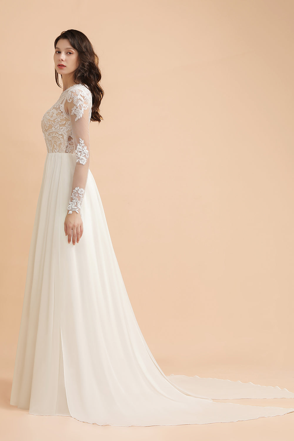 Ivory Scoop Neck A-Line Wedding Dress with Lace Appliques and Long Sleeves Side View