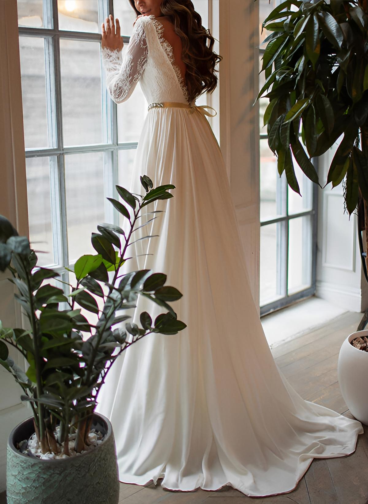 Ivory Scoop Neck Chiffon A-Line Sweep Train Wedding Dress with Lace Appliques and Long Sleeves Back View