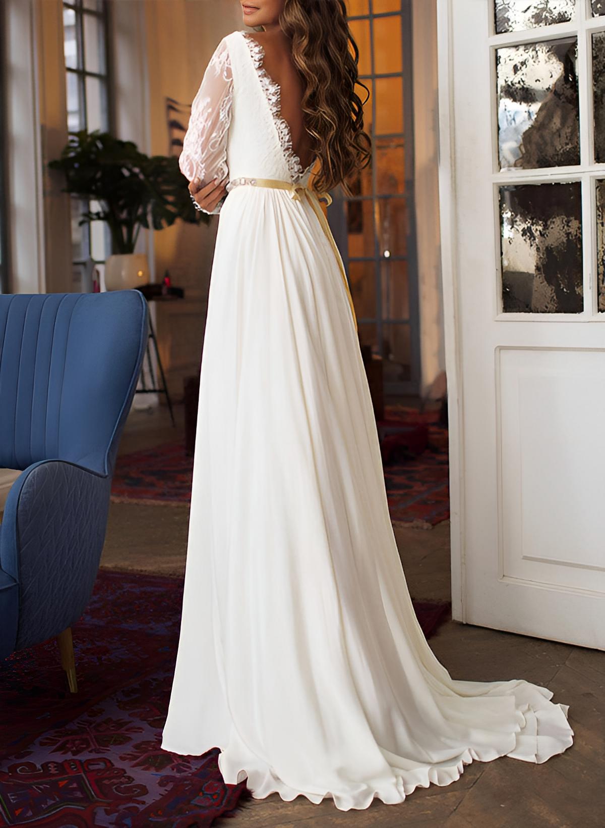 Ivory Scoop Neck Chiffon A-Line Sweep Train Wedding Dress with Lace Appliques and Long Sleeves Back View