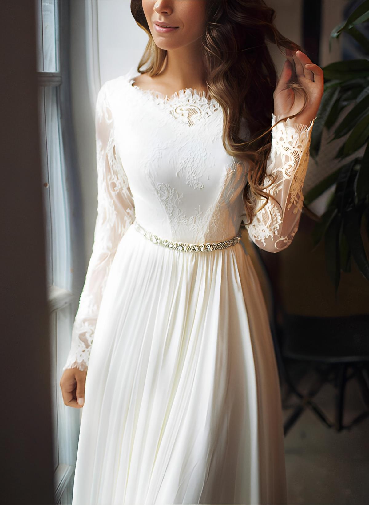 Ivory Scoop Neck Chiffon A-Line Sweep Train Wedding Dress with Lace Appliques and Long Sleeves Bodice Detail