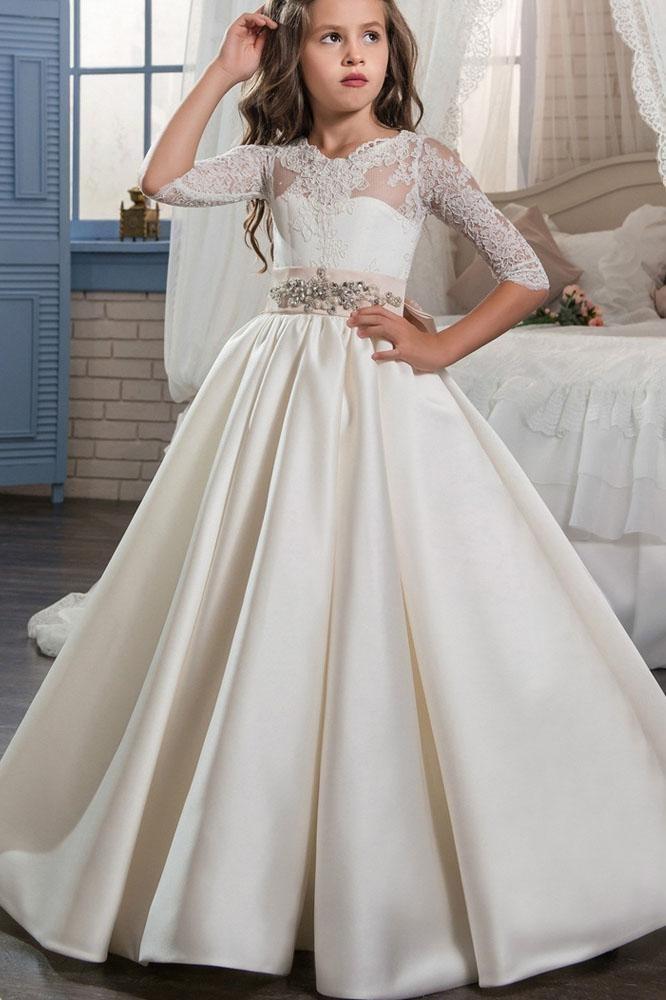 Ivory Scoop Neck Satin Ball Gown Flower Girl Dress