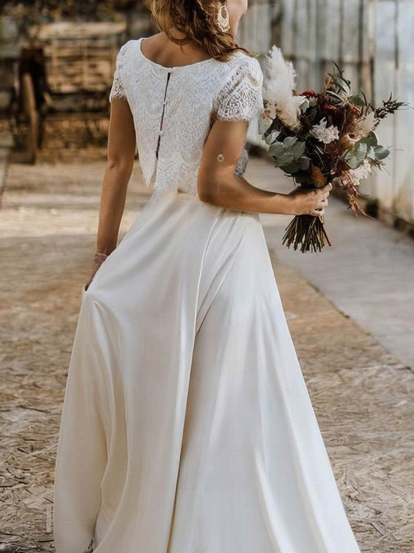 Ivory Scoop Neck Two Piece Wedding Dress with Lace Appliques Back View